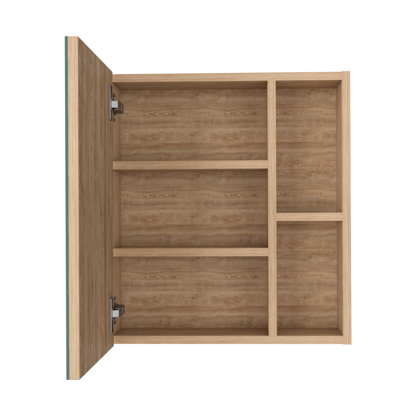 Open wooden bathroom cabinet with light oak finish and adjustable shelves