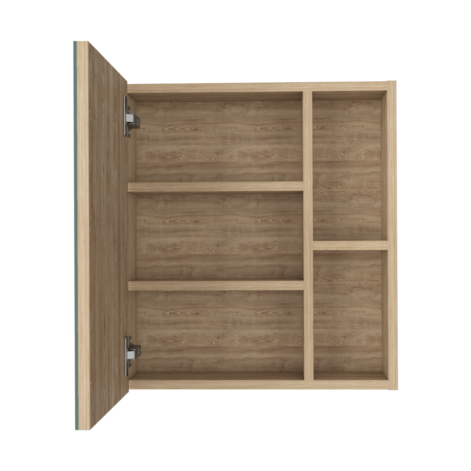 Open wooden bathroom cabinet with light oak finish and adjustable shelves
