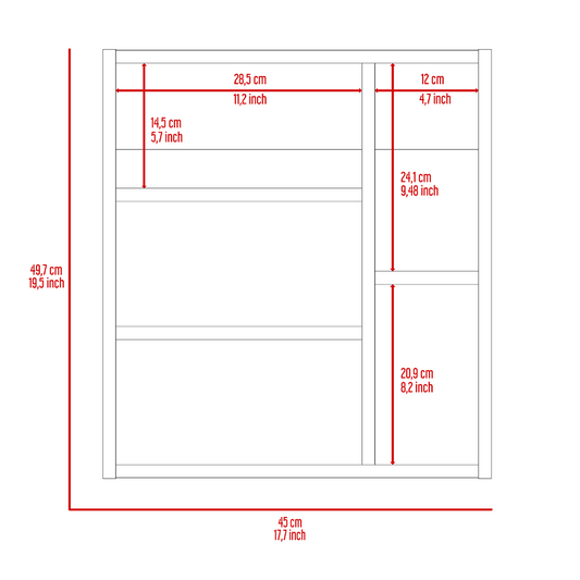 Diagram of a modular shelving unit with dimensions marked