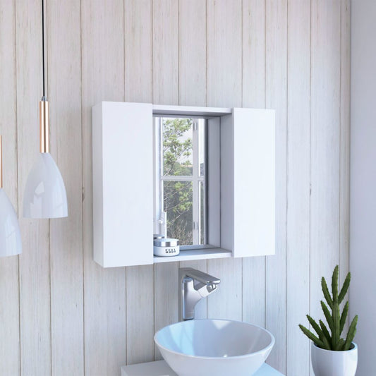 Modern white bathroom medicine cabinet with mirrored doors and open shelf