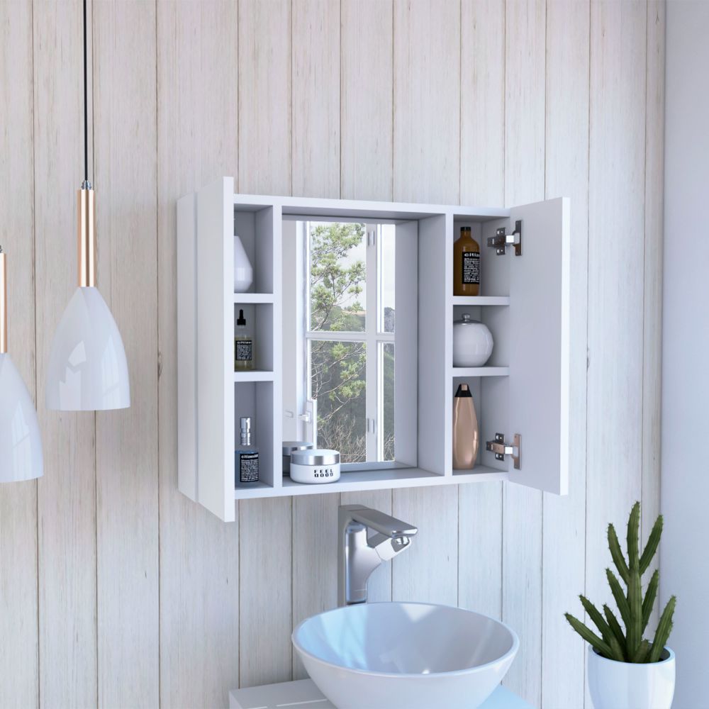 Open white wallmounted medicine cabinet with skincare bottles toiletries and a window view