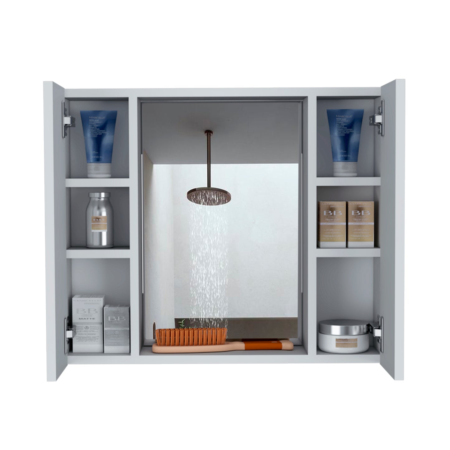 Modern white medicine cabinet with toiletries and showerhead reflecting in mirror