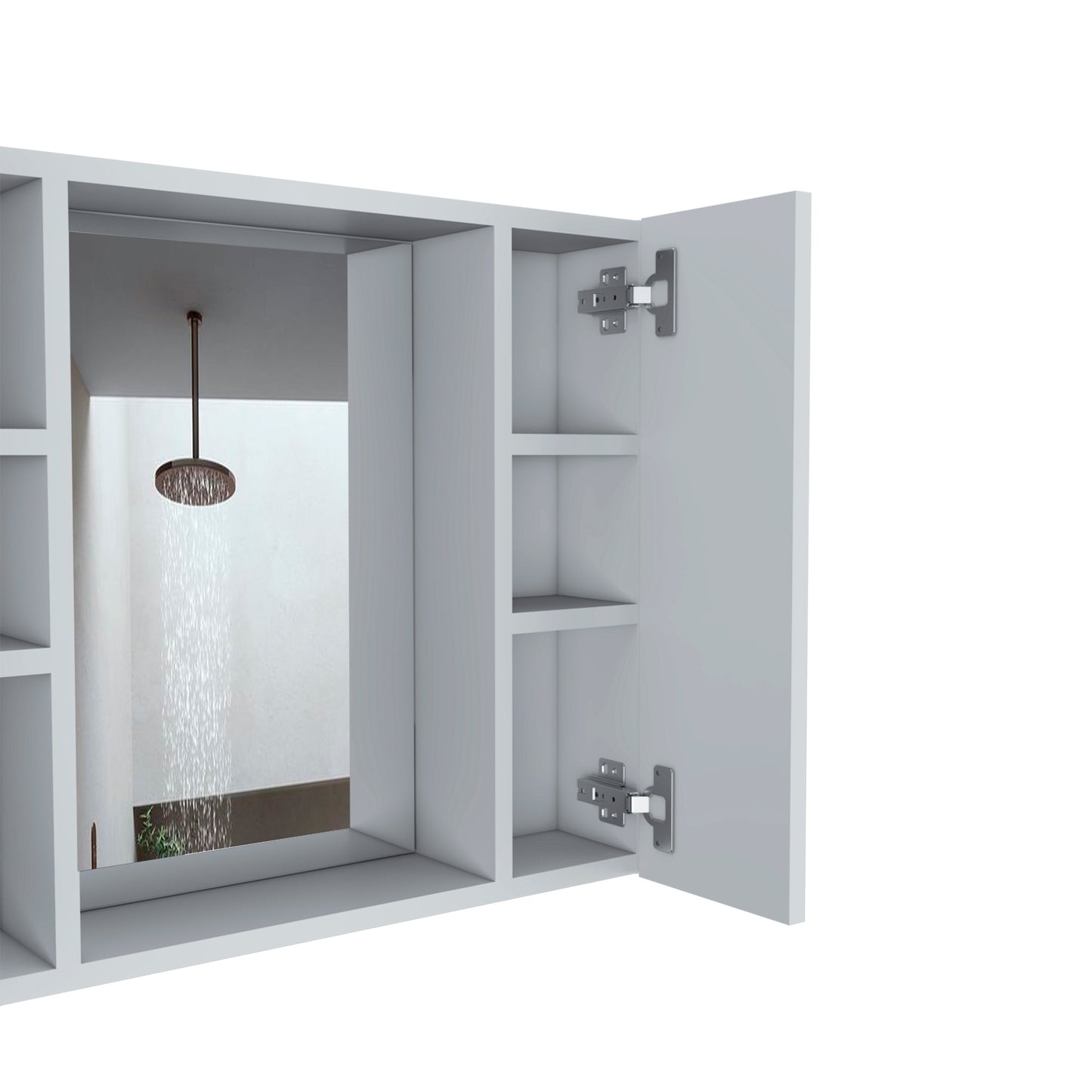 White recessed bathroom cabinet with open door showing internal shelves and a rain shower in background