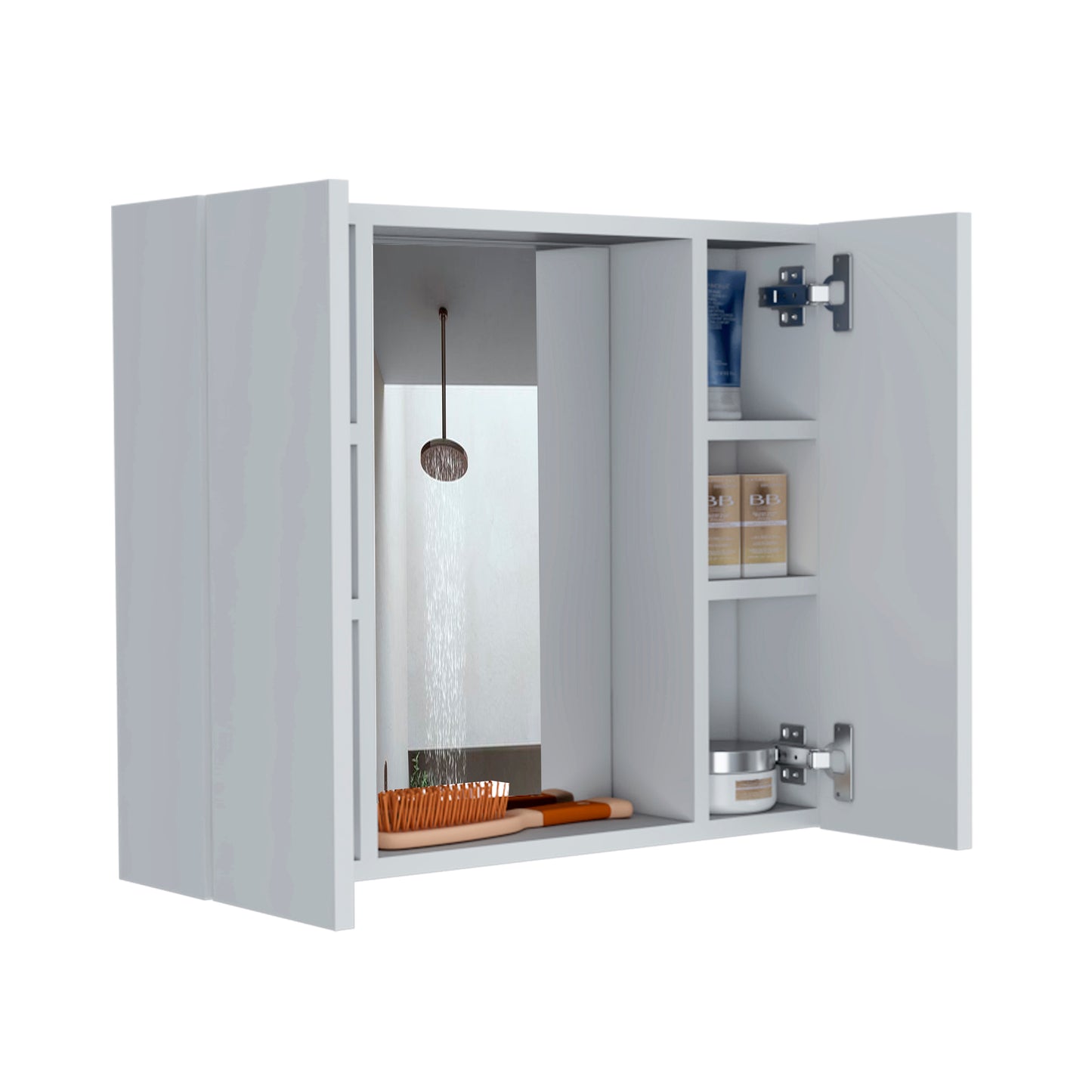Modern white medicine cabinet with open doors showing toiletries and a showerhead