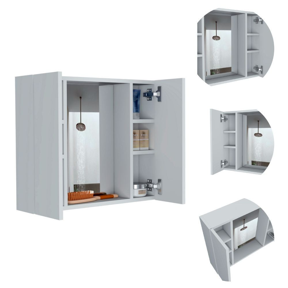 White doubledoor bathroom cabinet with open shelves and mirrored doors