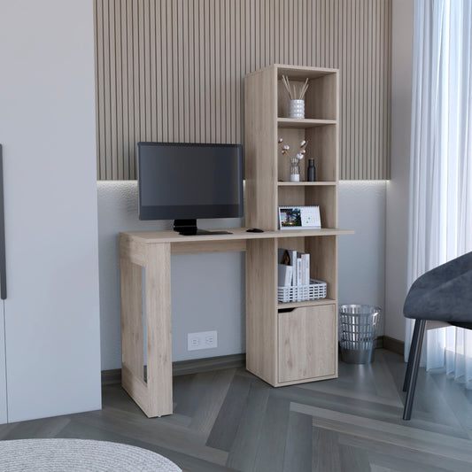 Light oak finish computer desk with integrated shelving unit and monitor