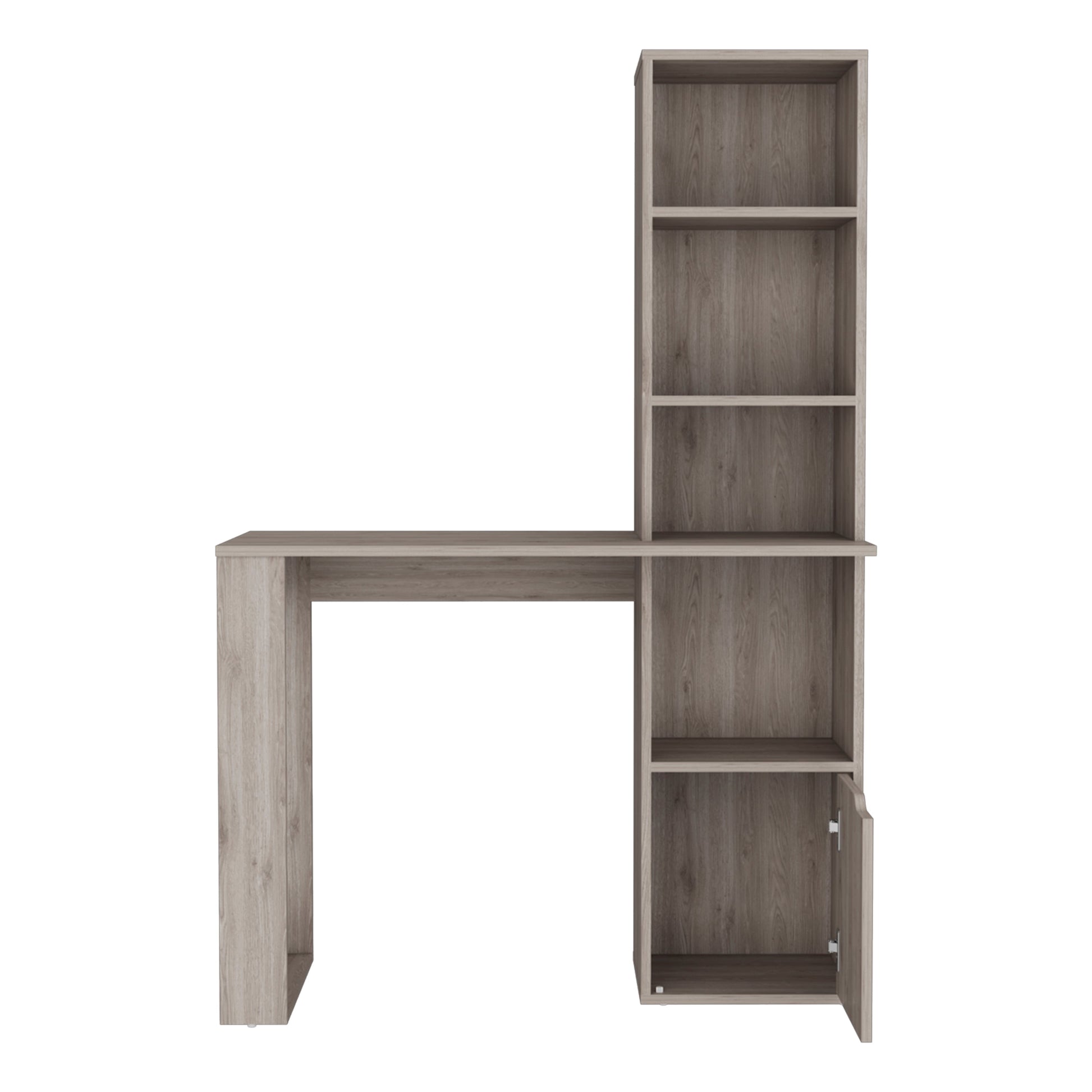 Rustic oak laminate desk with attached shelving unit and open cabinet
