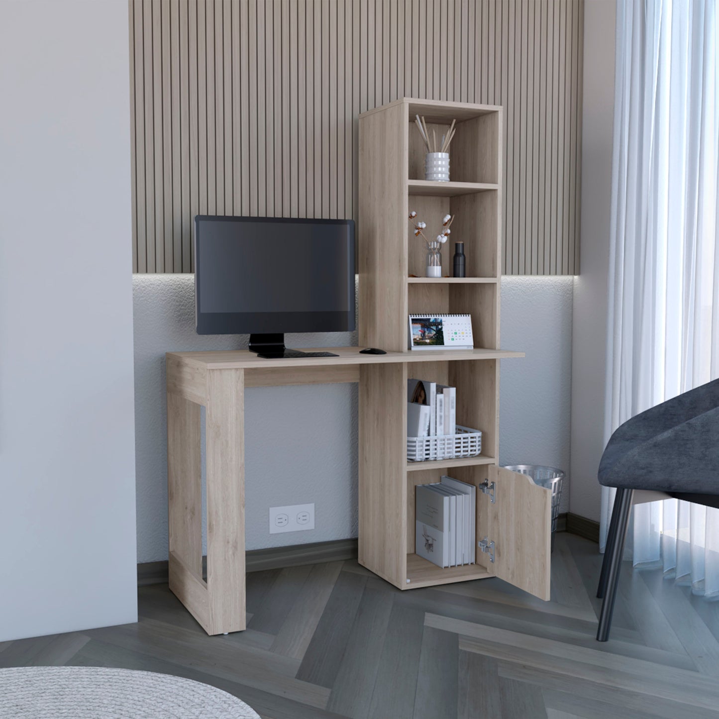 Light wood computer desk with attached bookshelf and monitor