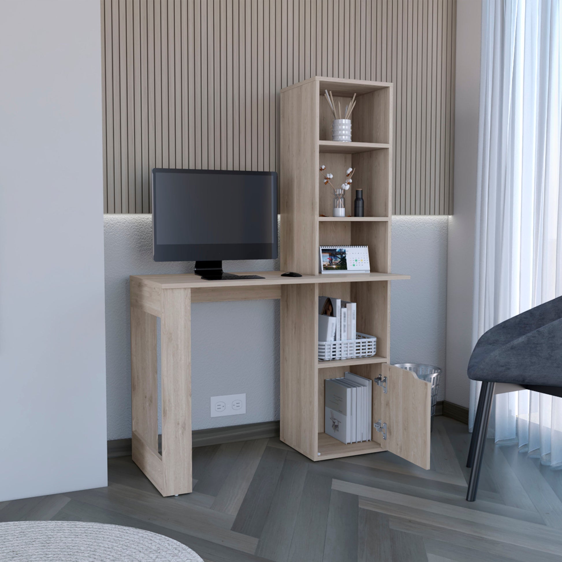 Light wood computer desk with attached bookshelf and monitor