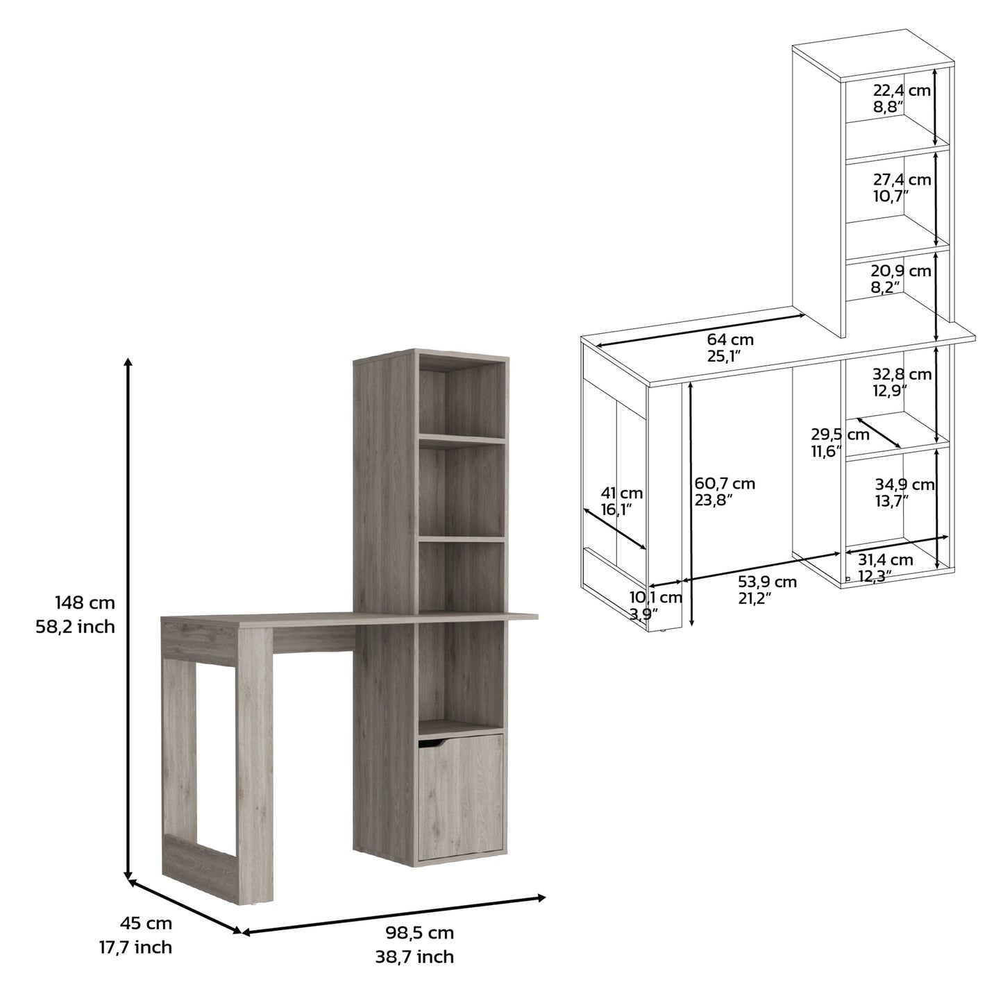 Gray wood grain desk with attached shelving unit and drawer ideal for study