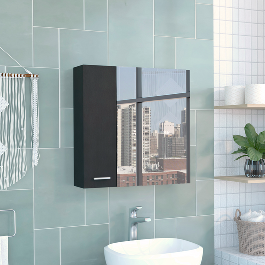 Modern black medicine cabinet with mirrored door reflecting city skyline