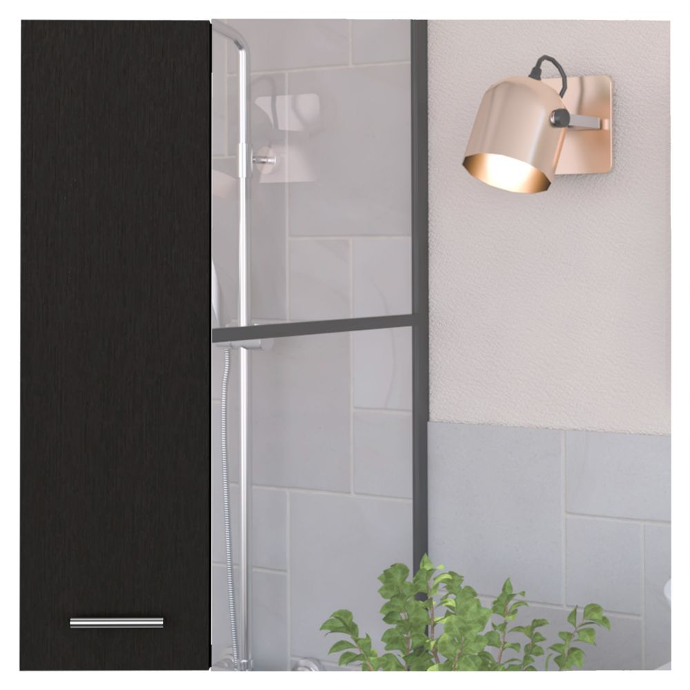 Modern copper wall sconce with adjustable head illuminating a tiled shower area