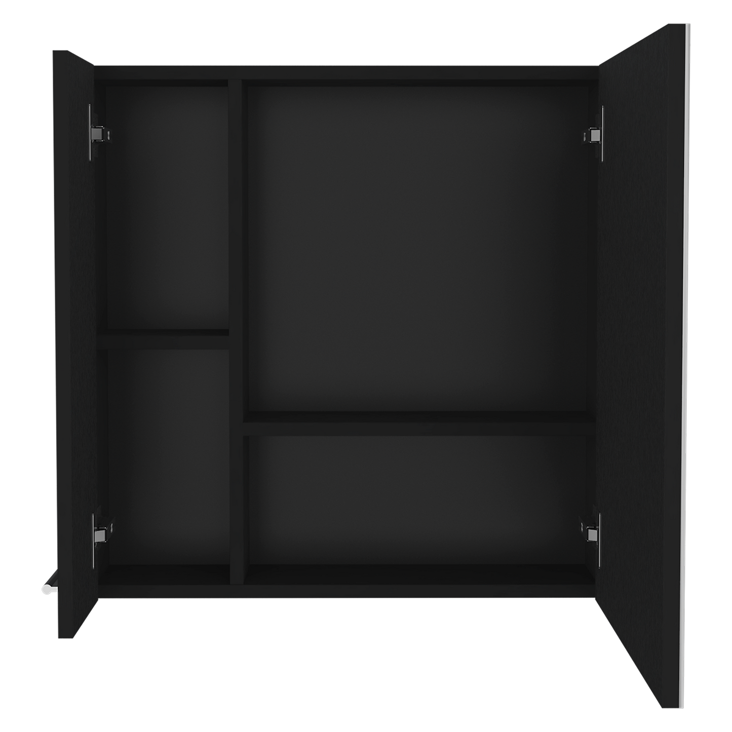 Modern black wall cabinet with open doors featuring adjustable shelves for bathroom storage