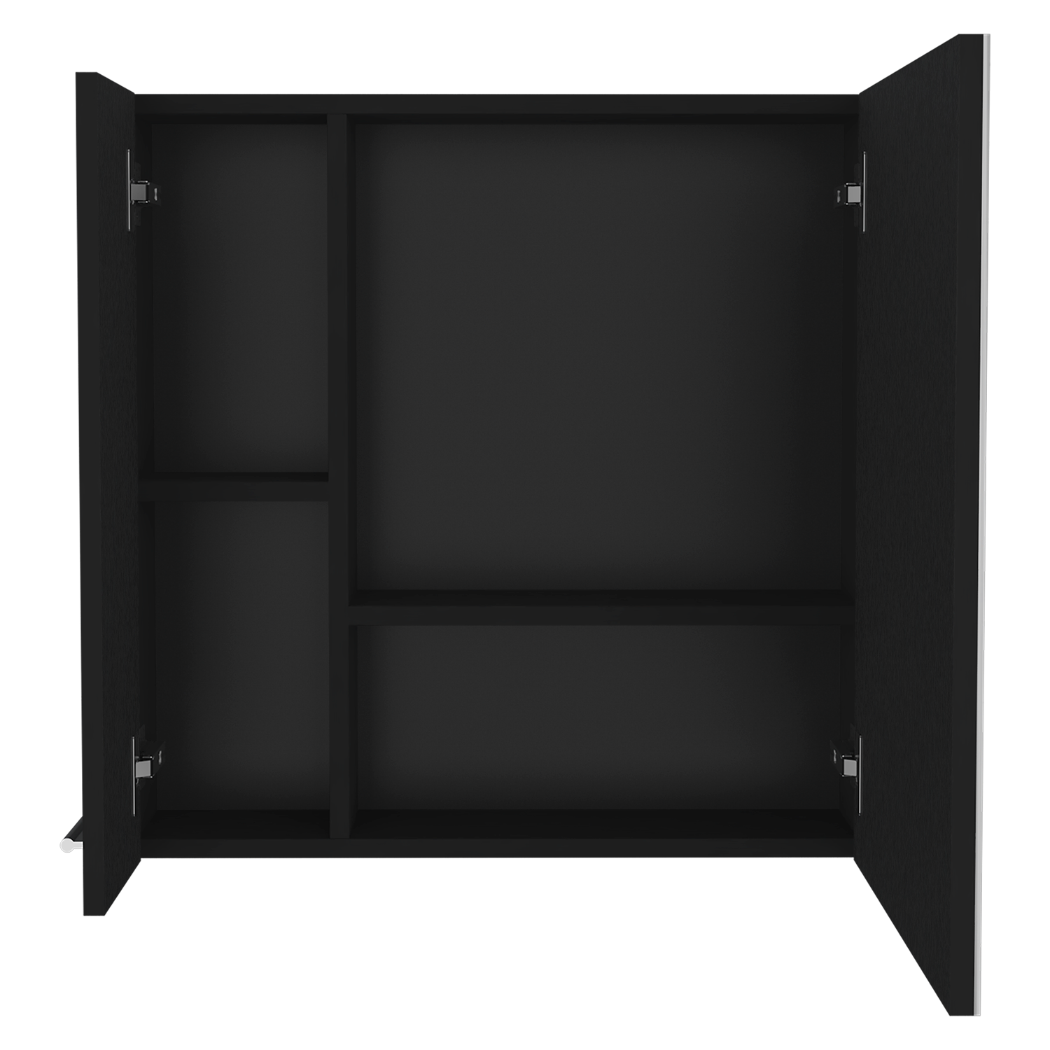 Modern black wall cabinet with open doors featuring adjustable shelves for bathroom storage