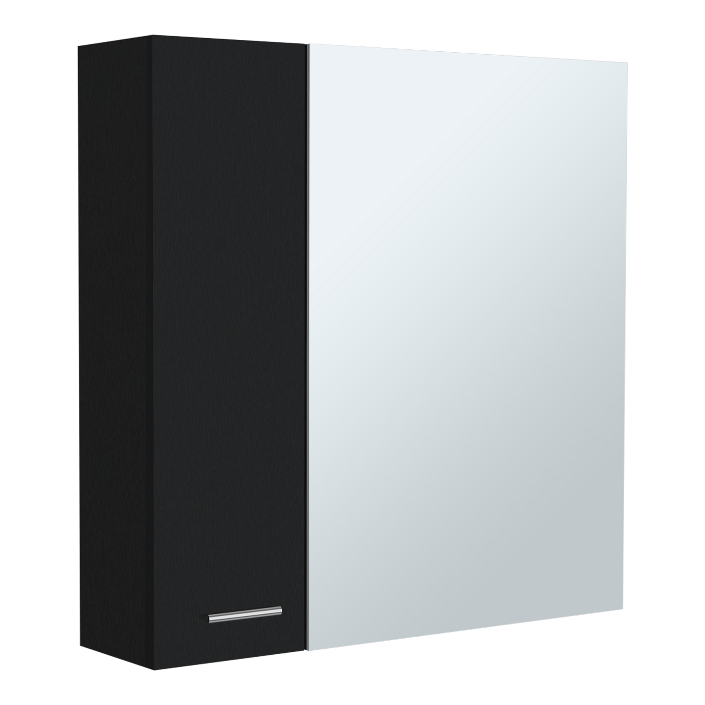 Black and white modern medicine cabinet with a single door and handle