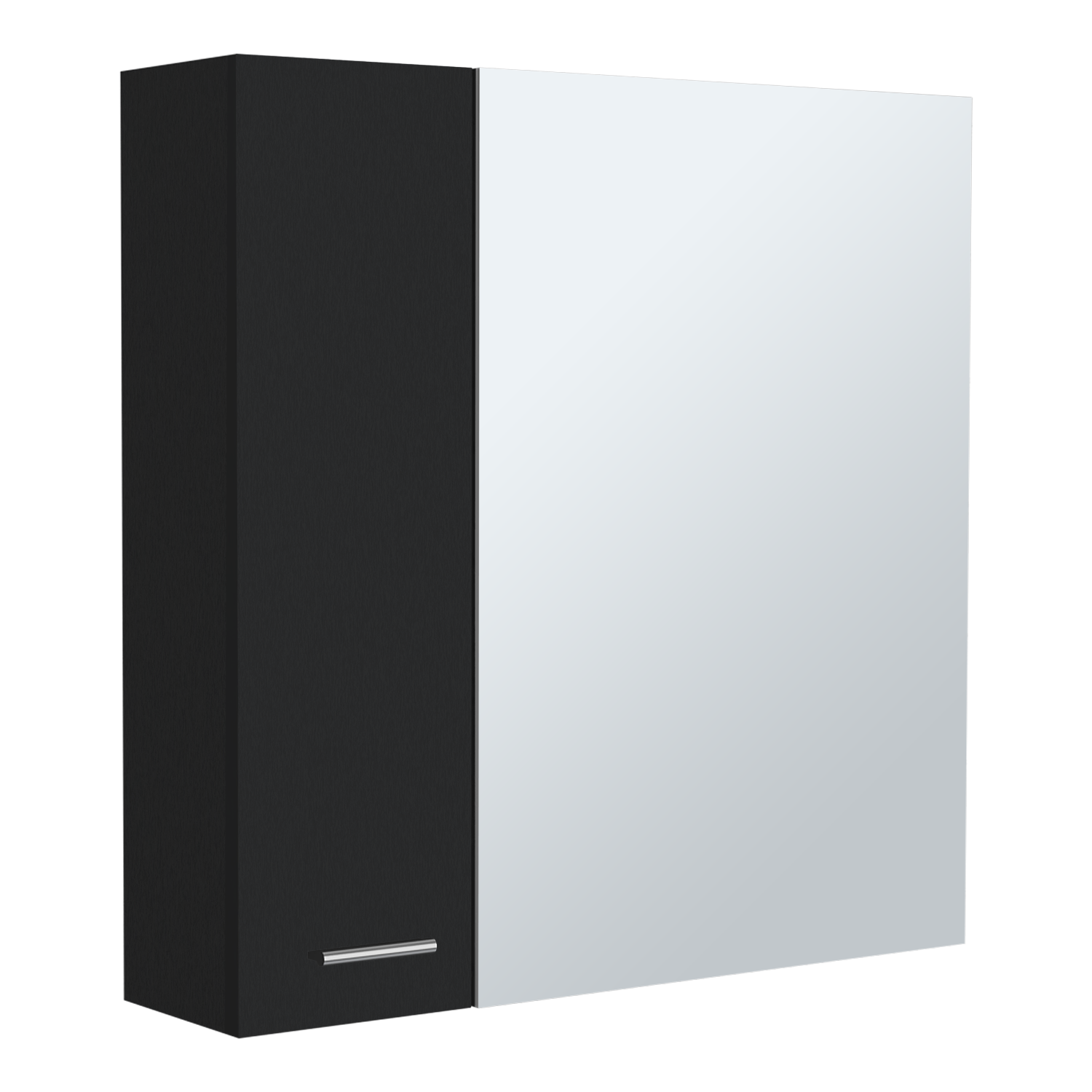 Black and white modern medicine cabinet with a single door and handle