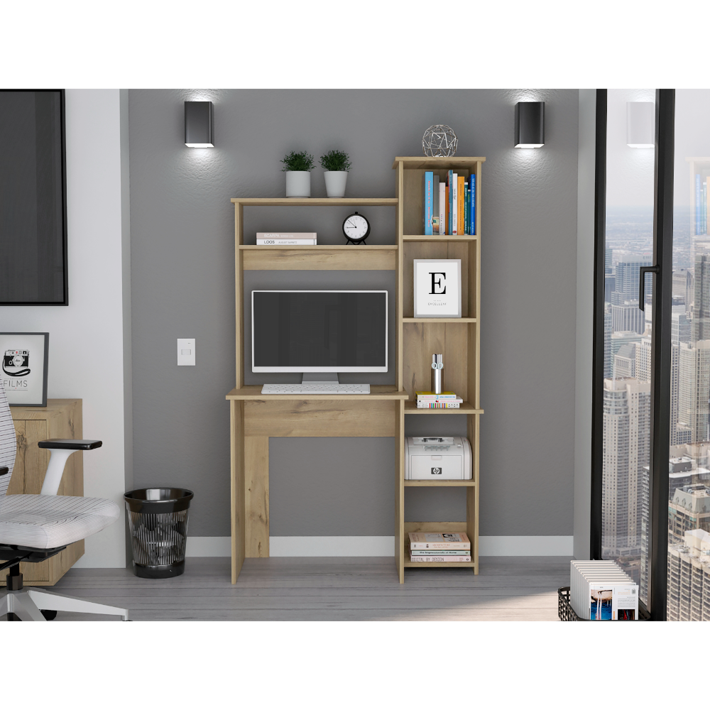 Oak wood computer desk with builtin shelving and monitor stand