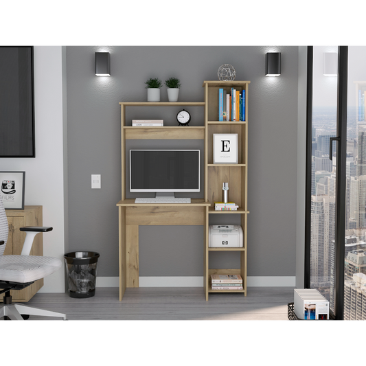 Oak wood computer desk with builtin shelving and monitor stand
