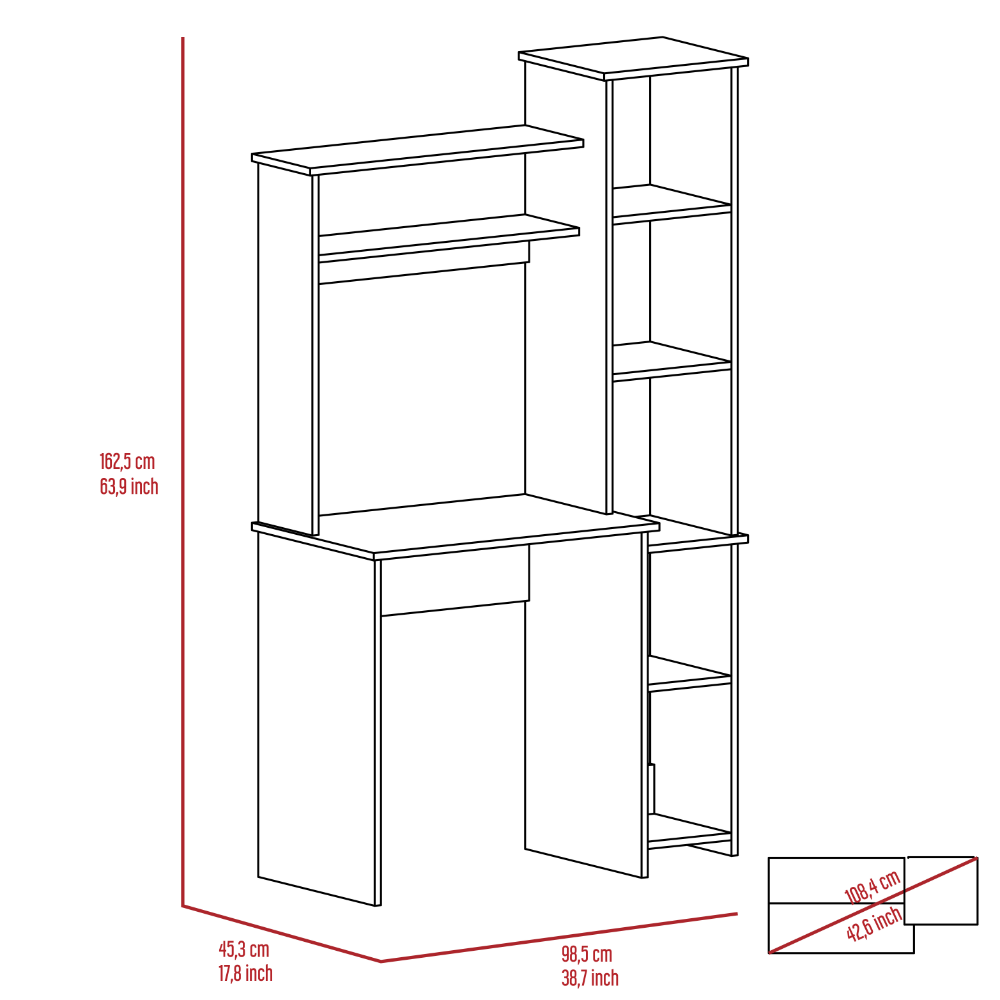 Diagram of white desk with hutch and shelves  cm height