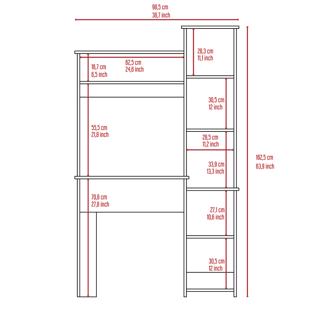 Diagram of a modern desk with integrated shelving unit showing dimensions