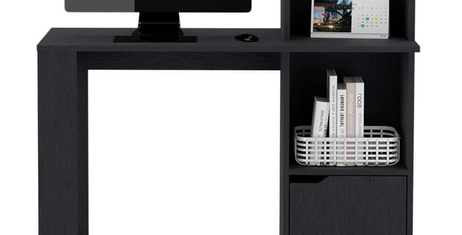 Modern black computer desk with open shelving and a drawer for home office
