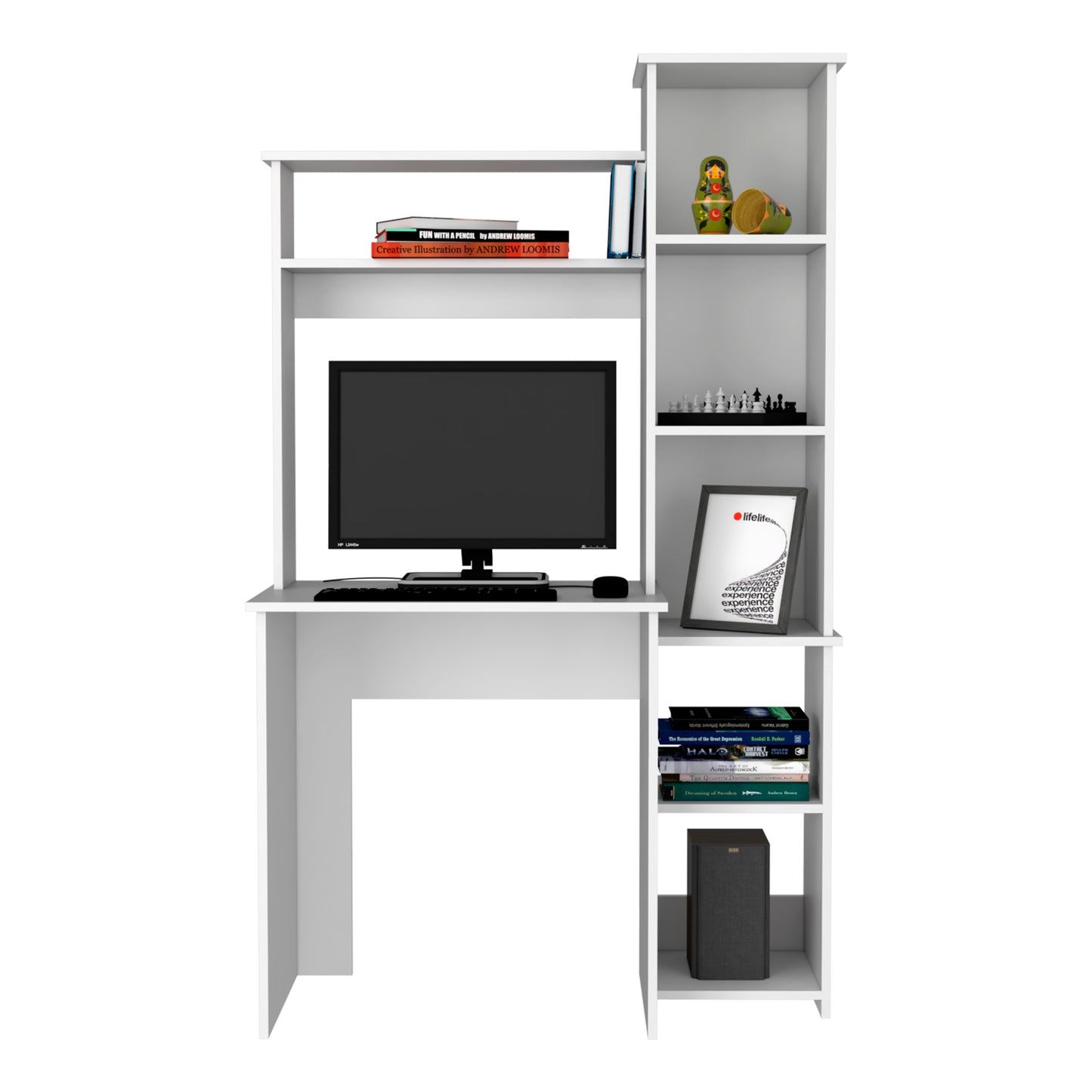 White computer desk with integrated shelves and a monitor