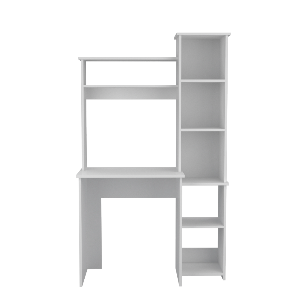White modern computer desk with integrated shelving and hutch for home office use