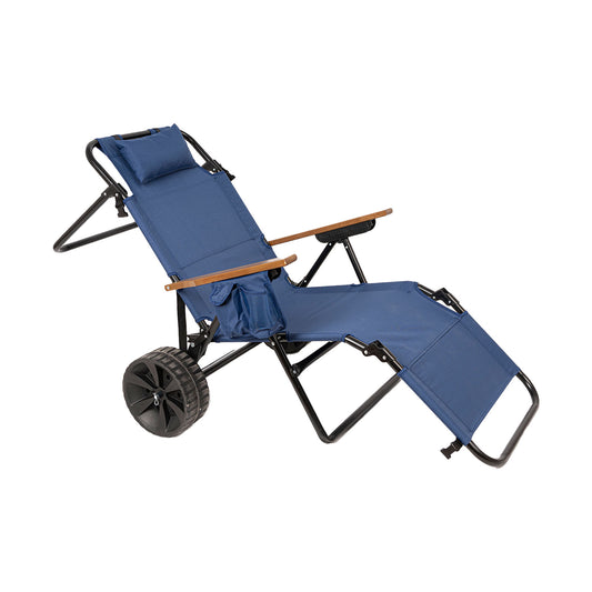 Blue wheeled beach chair with adjustable recline and wooden armrests