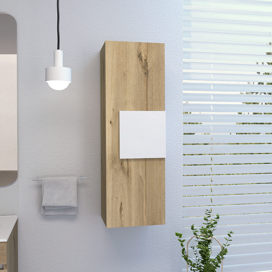Tall slender oak wall cabinet with a white rectangular accent panel ideal for modern bathrooms