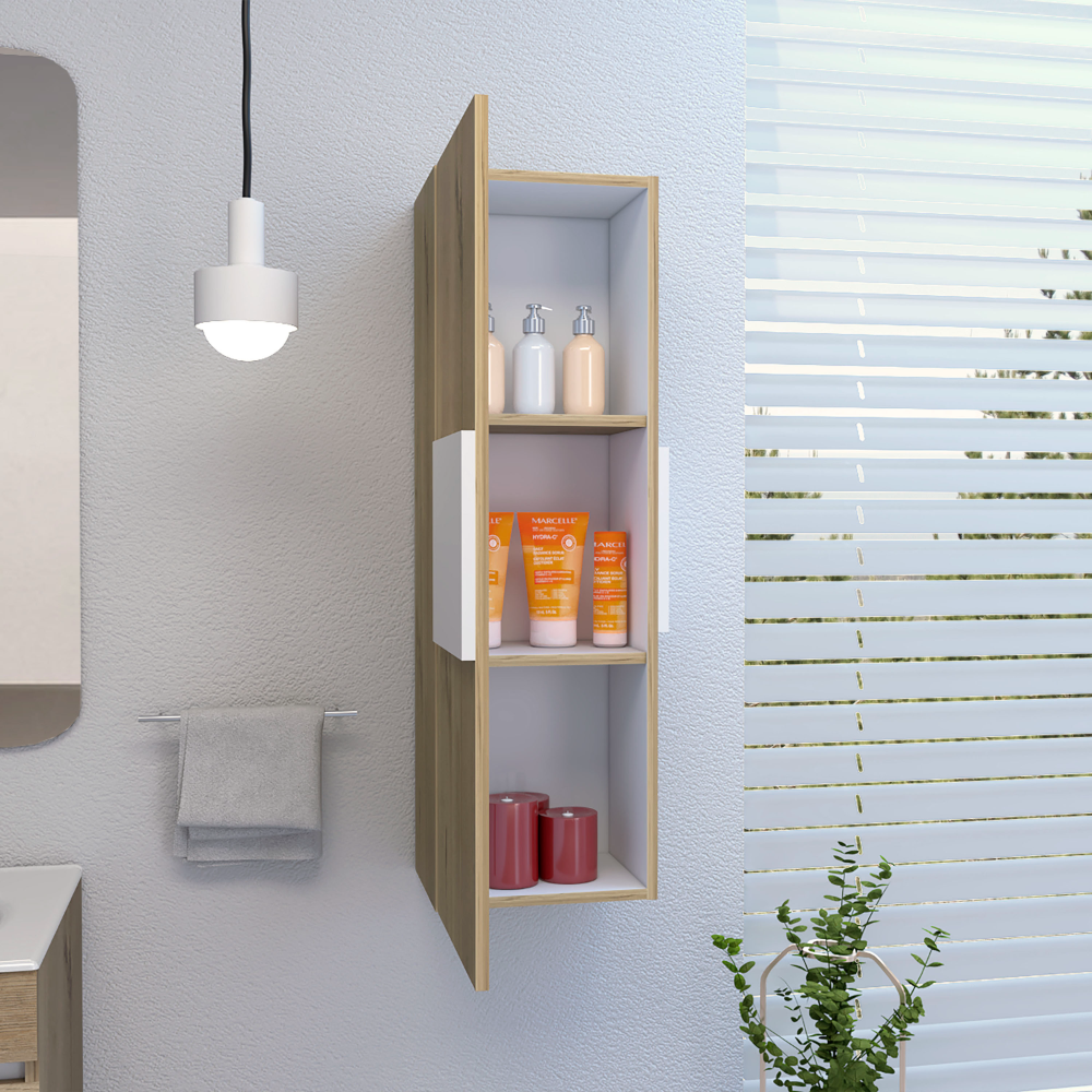 Modern wooden bathroom wall cabinet with open shelving for toiletries