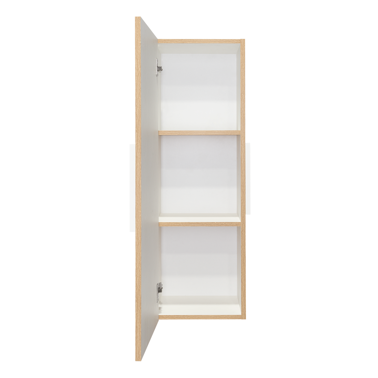 Tall narrow white cabinet with three open shelves and light wood trim