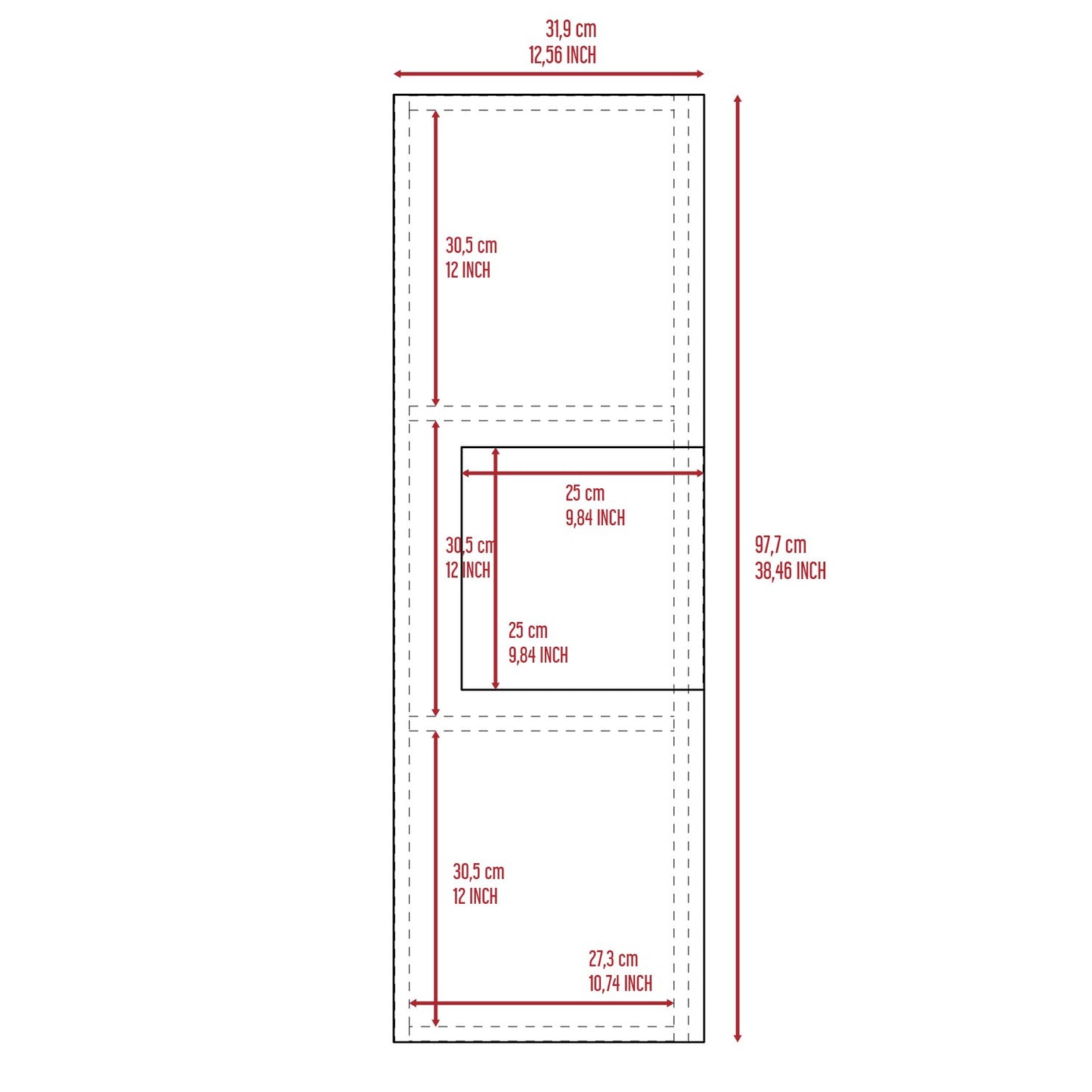 Product dimension diagram overall x cm internal x cm sections