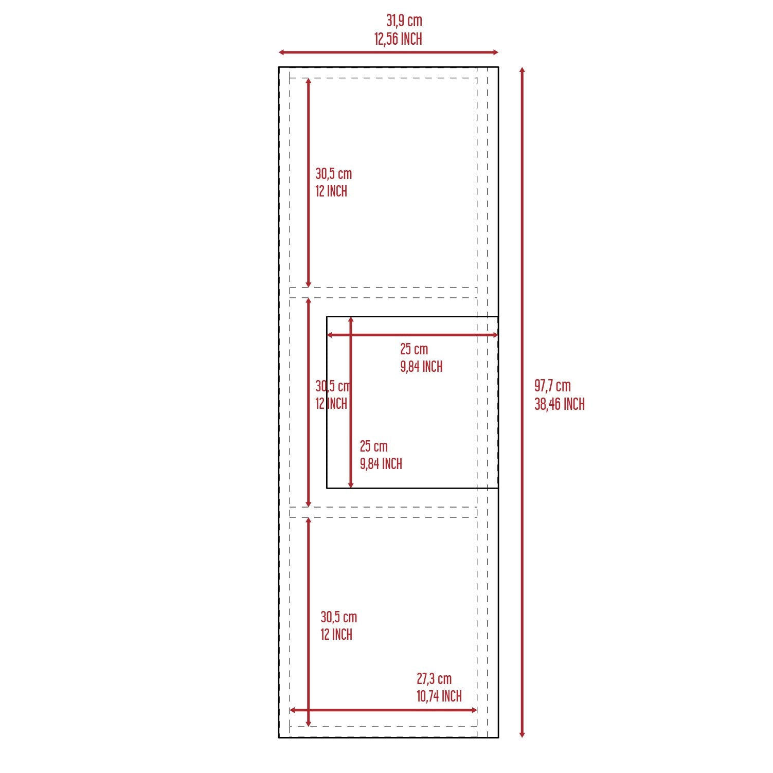 Product dimension diagram overall x cm internal x cm sections