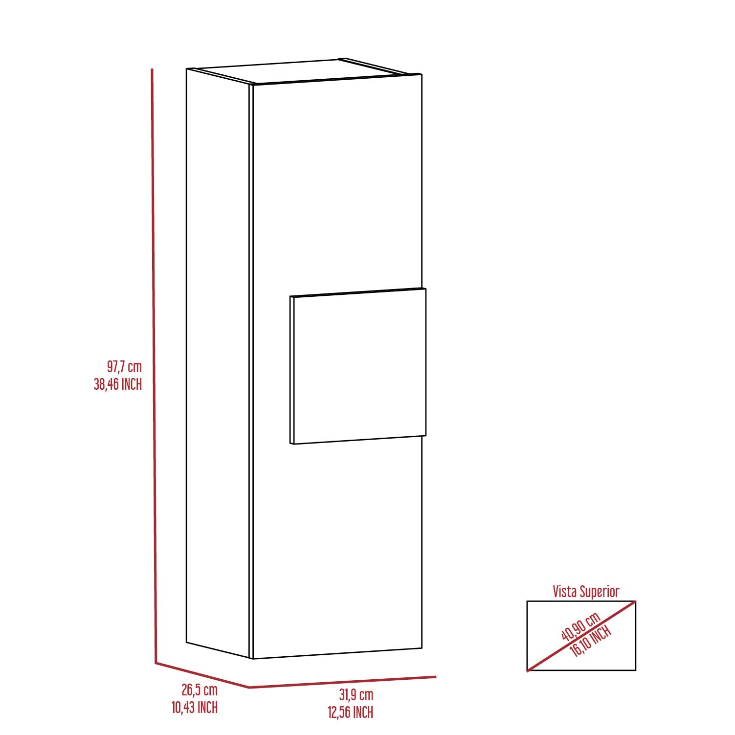 White modern tall cabinet with a single drawer and silver handle cm height