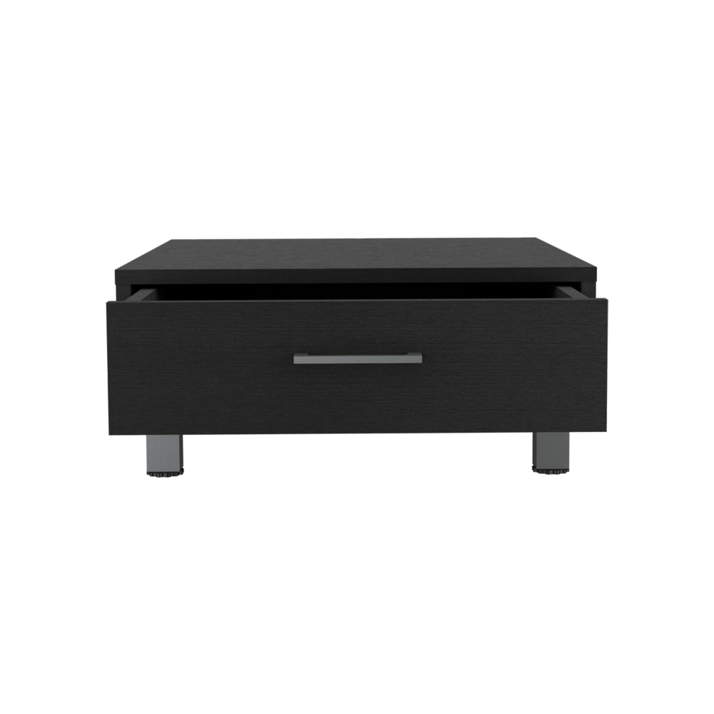 Black wood bedside table with one open drawer and silver handle