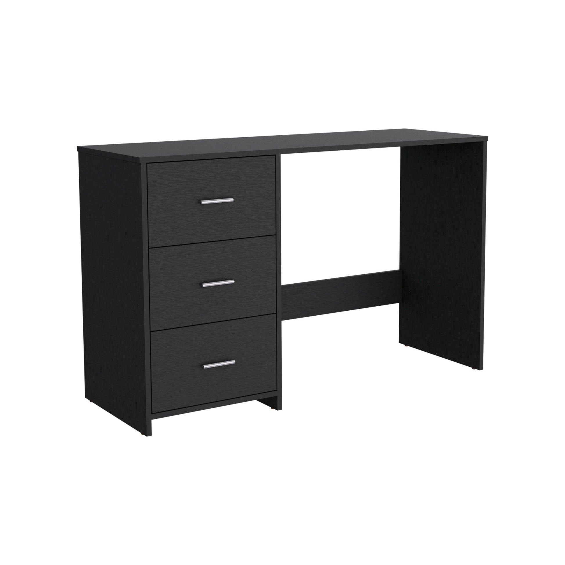 Black modern desk with three drawers and silver handles for home office