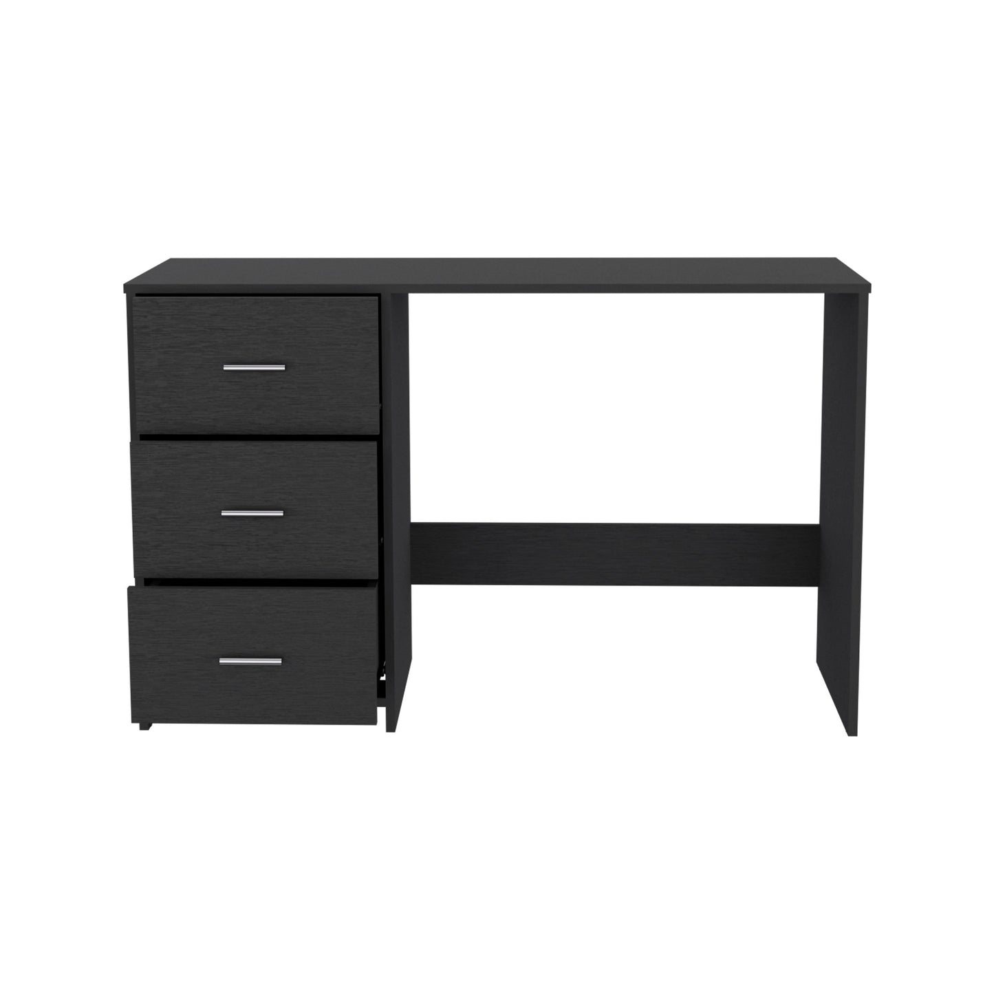Black modern desk with three drawers and silver handles