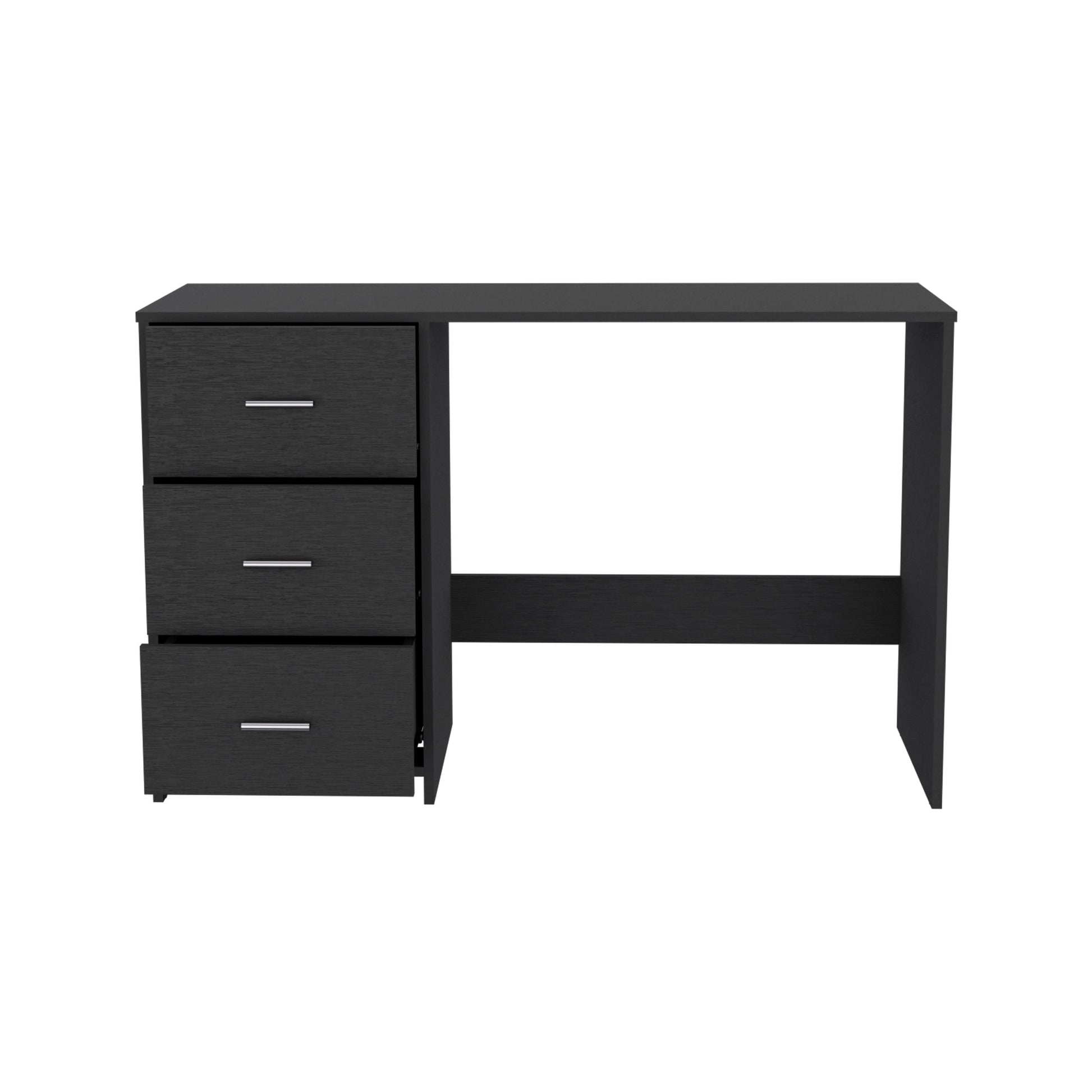 Black modern desk with three drawers and silver handles