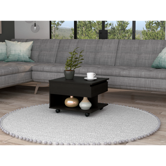 Black lifttop coffee table with storage shelf and wheels perfect for living rooms