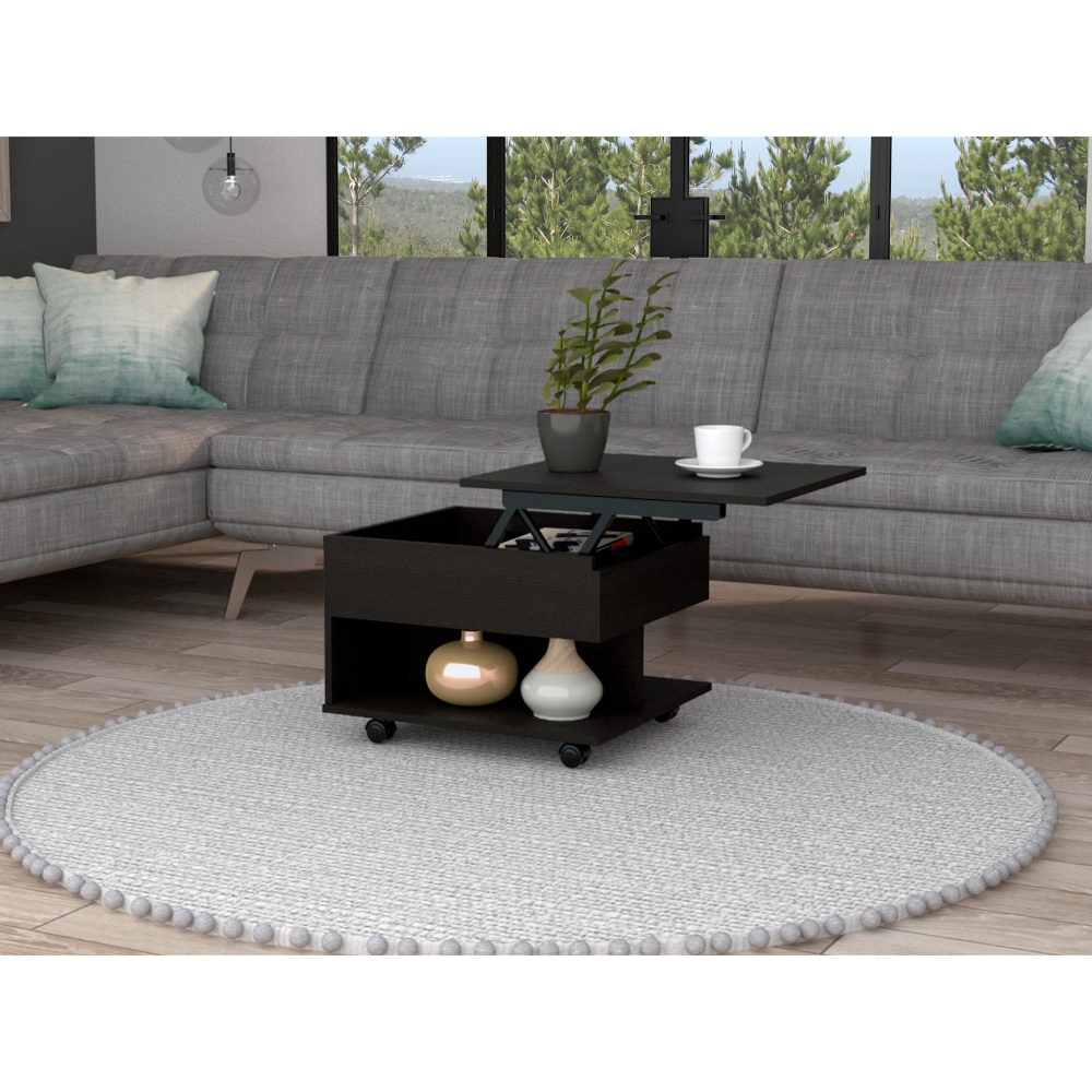 Dark wood lifttop coffee table with hidden storage and casters