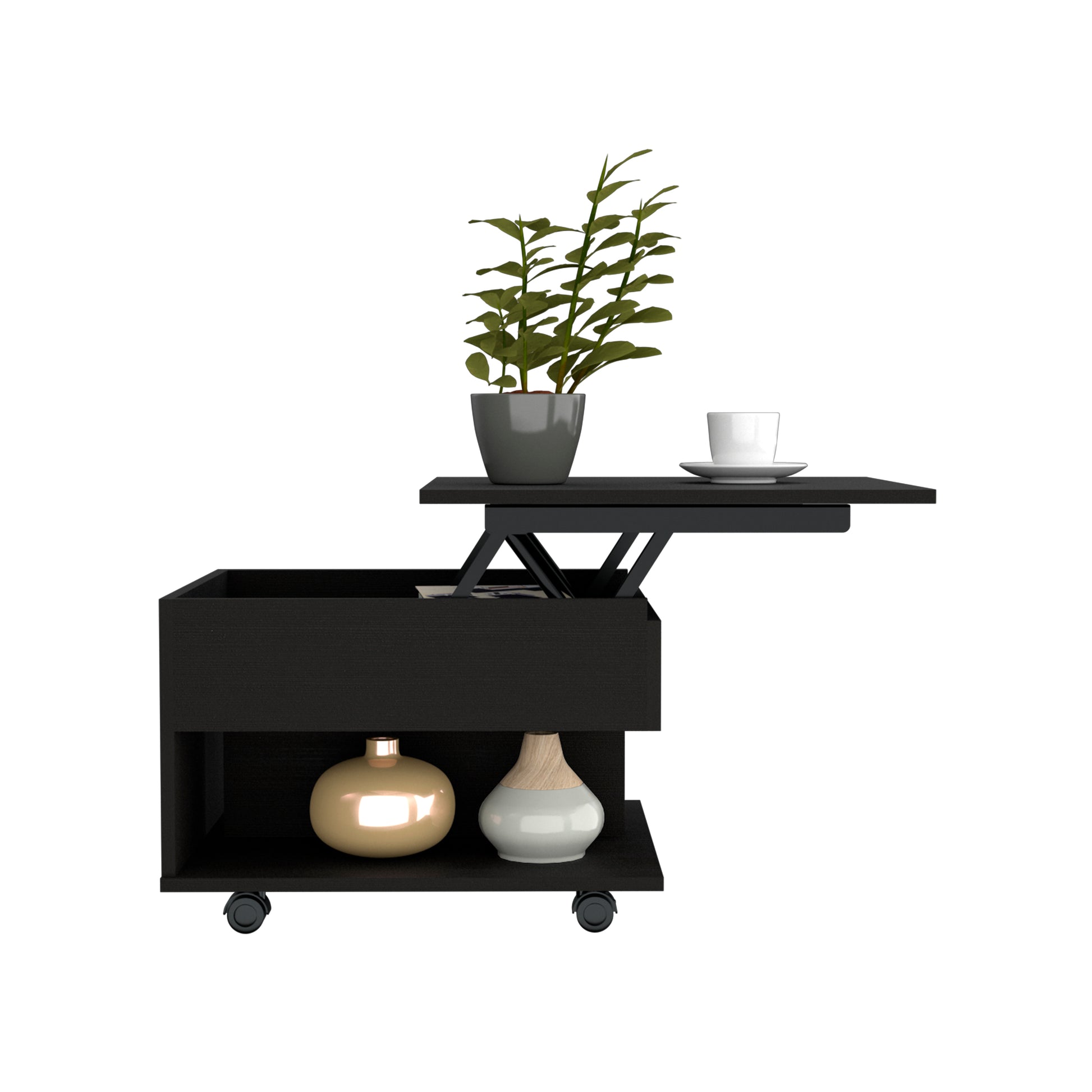 Black lifttop coffee table with storage featuring two decorative vases and a potted plant