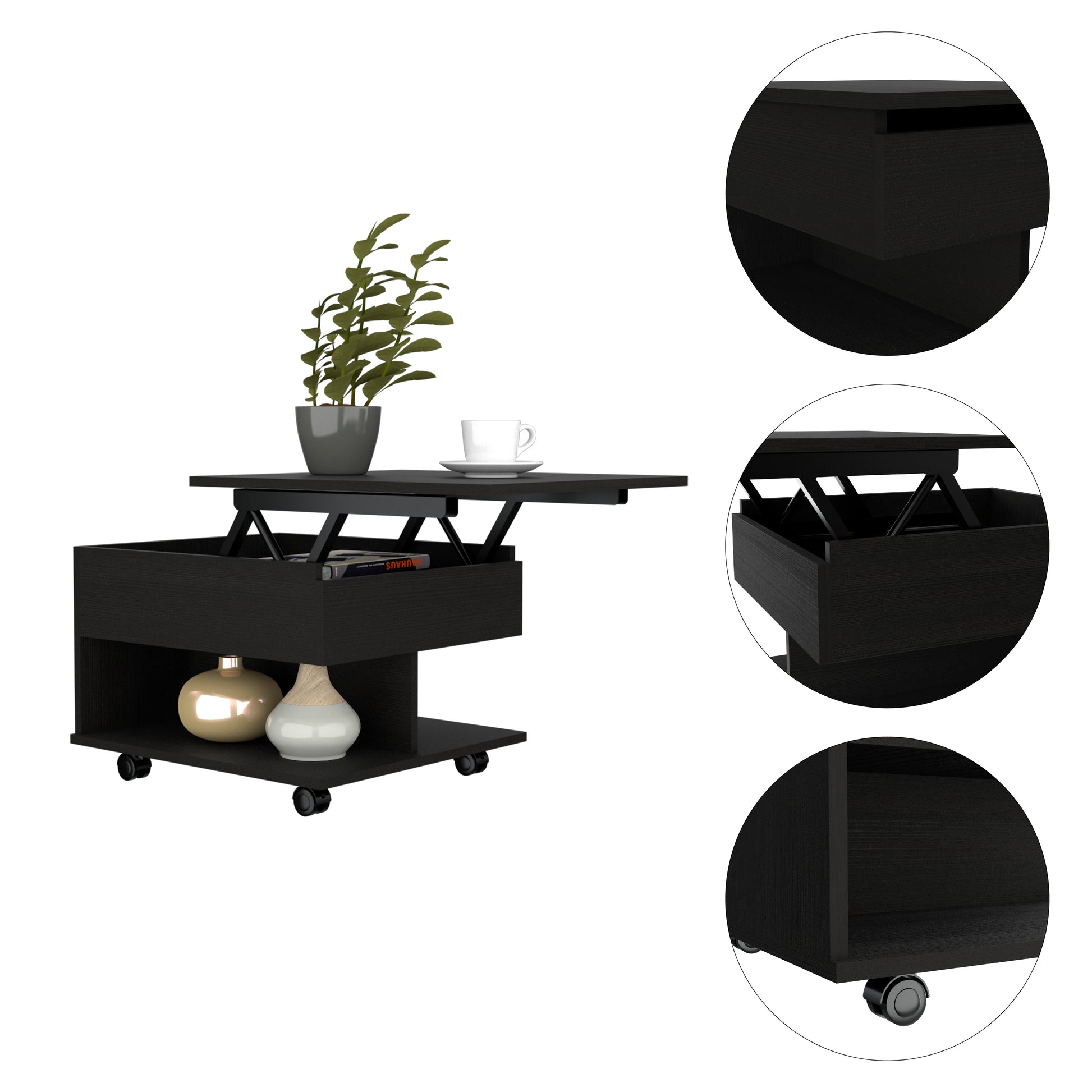Black lifttop coffee table with storage casters and a side shelf