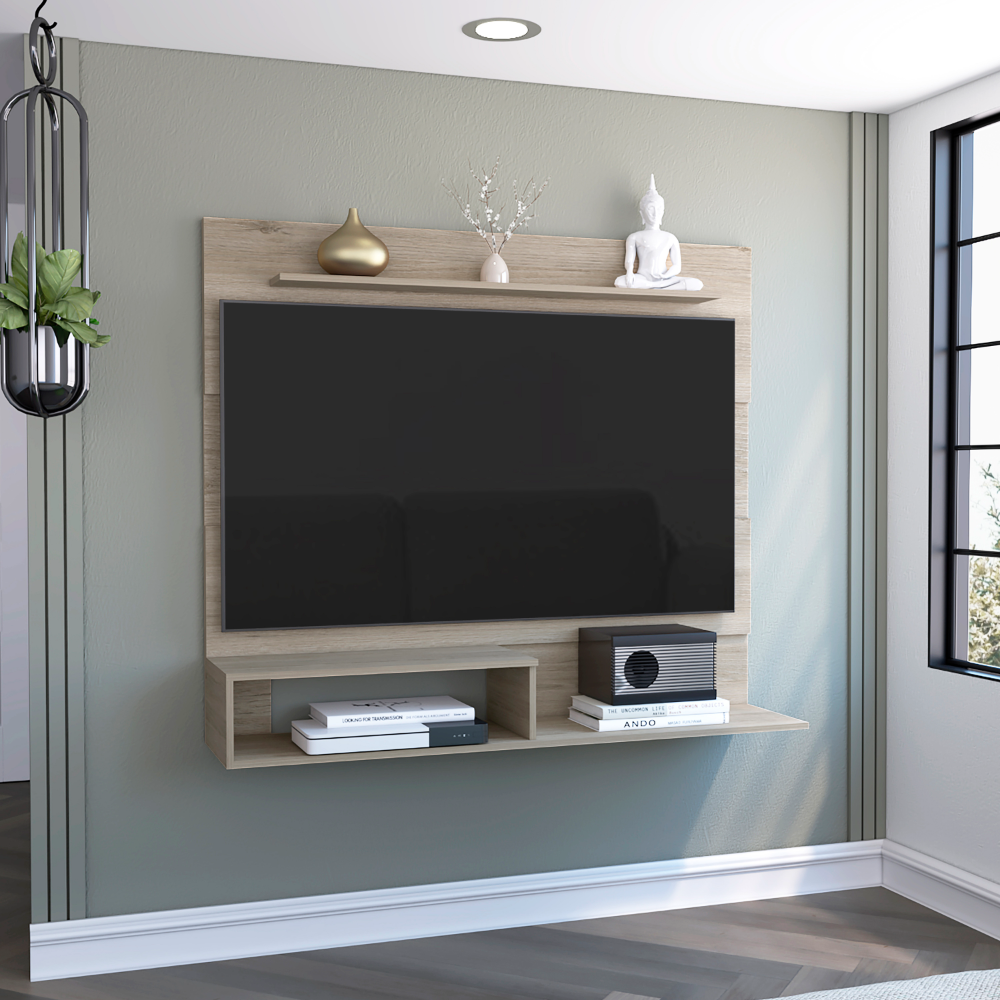 Modern light oak TV wall unit with decorative items and sleek black speaker