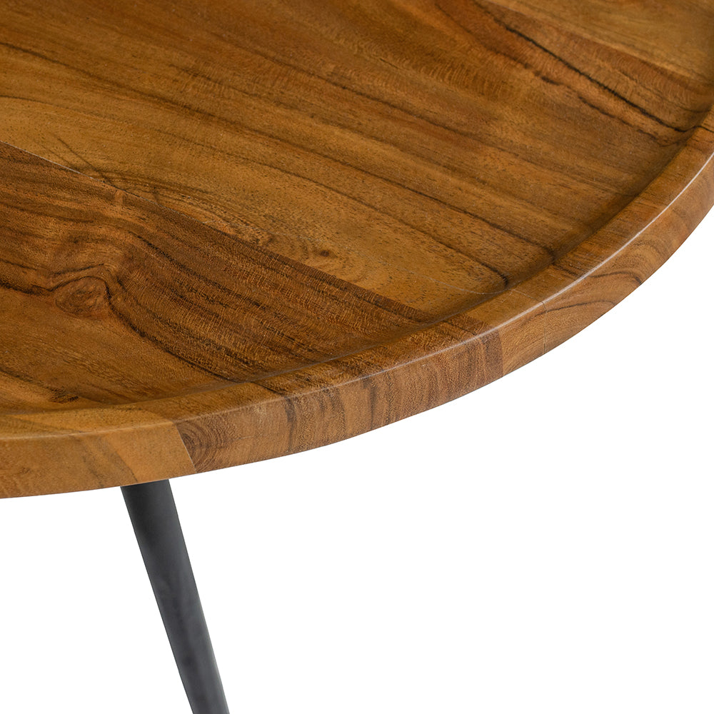 Natural wood grain round table top with a dark metal leg
