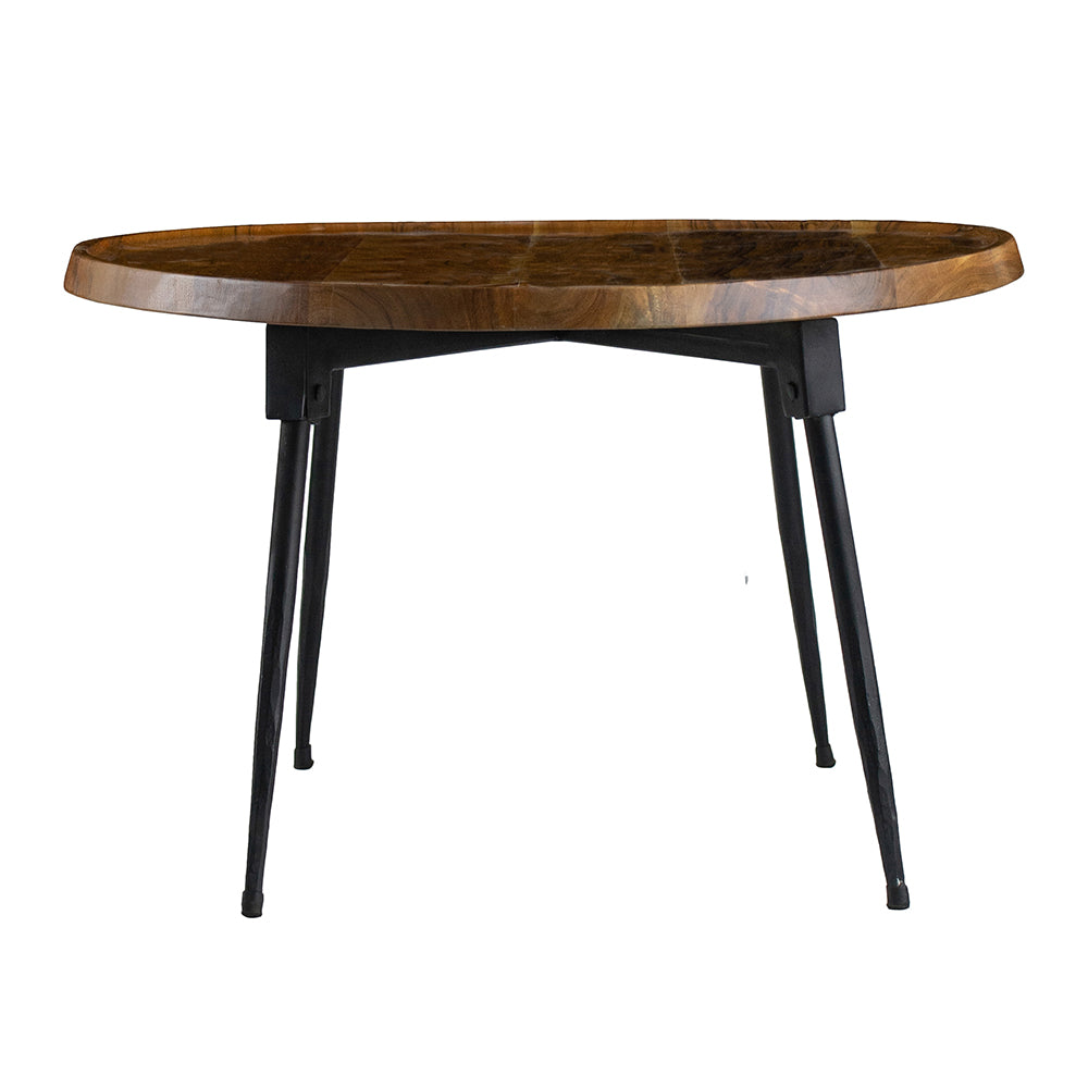 Teak wood accent table with a unique leaf shape and black metal legs