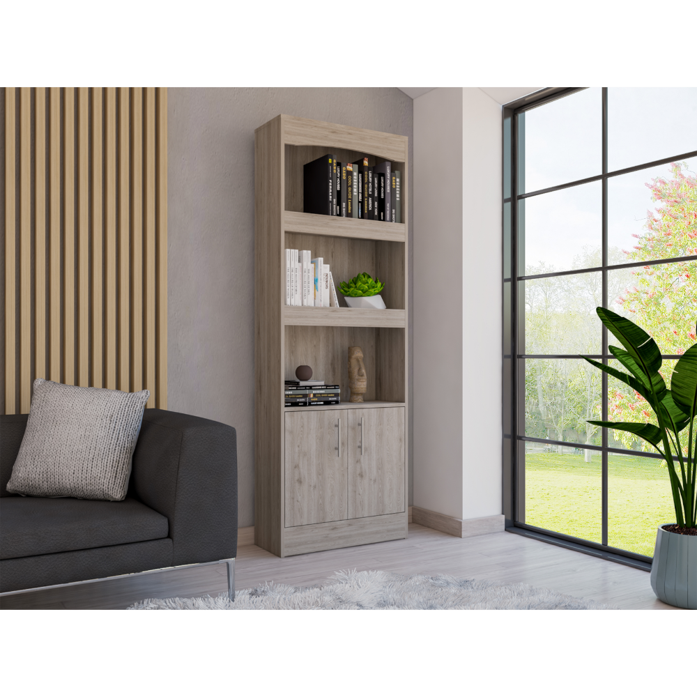Tall light oak finish bookshelf with three open shelves and two cabinet doors