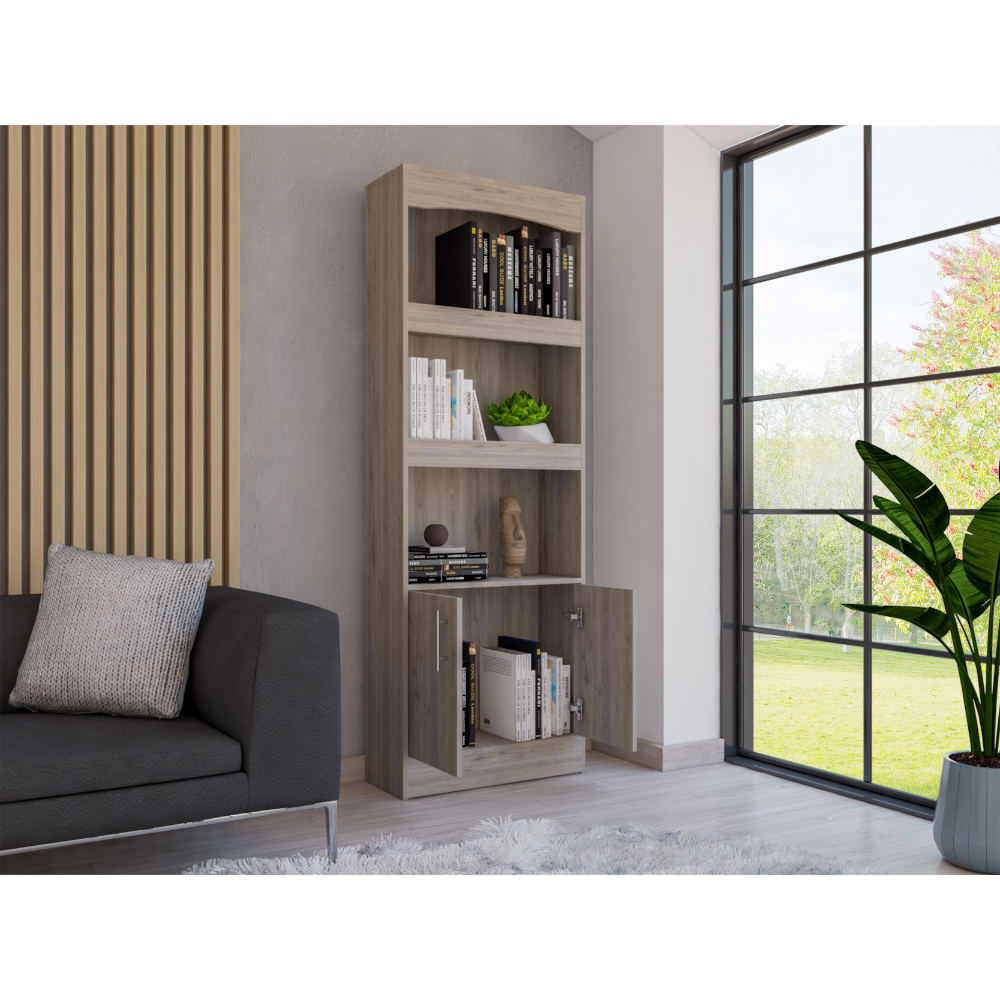 Modern oak veneer tall bookshelf with open shelves and cabinet doors