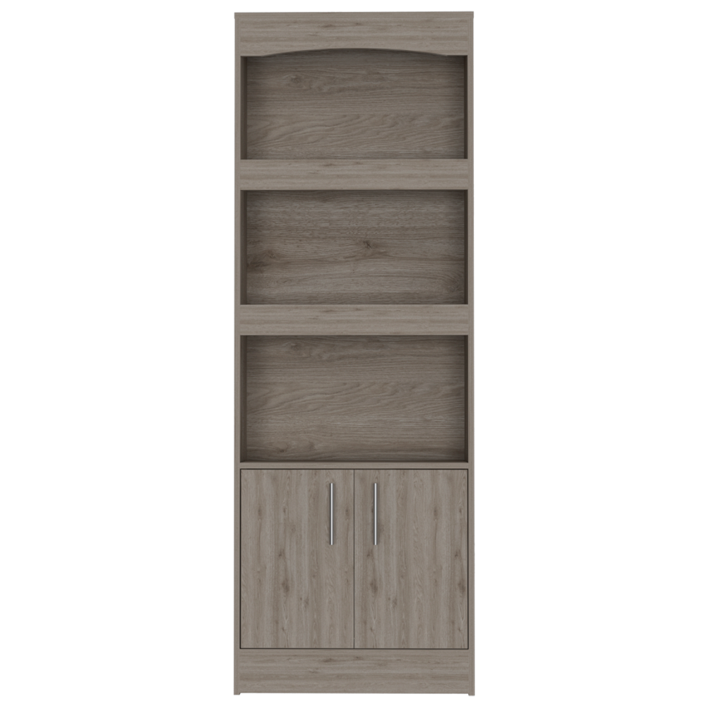 Tall taupe wood veneer bookshelf with three open shelves and two cabinet doors