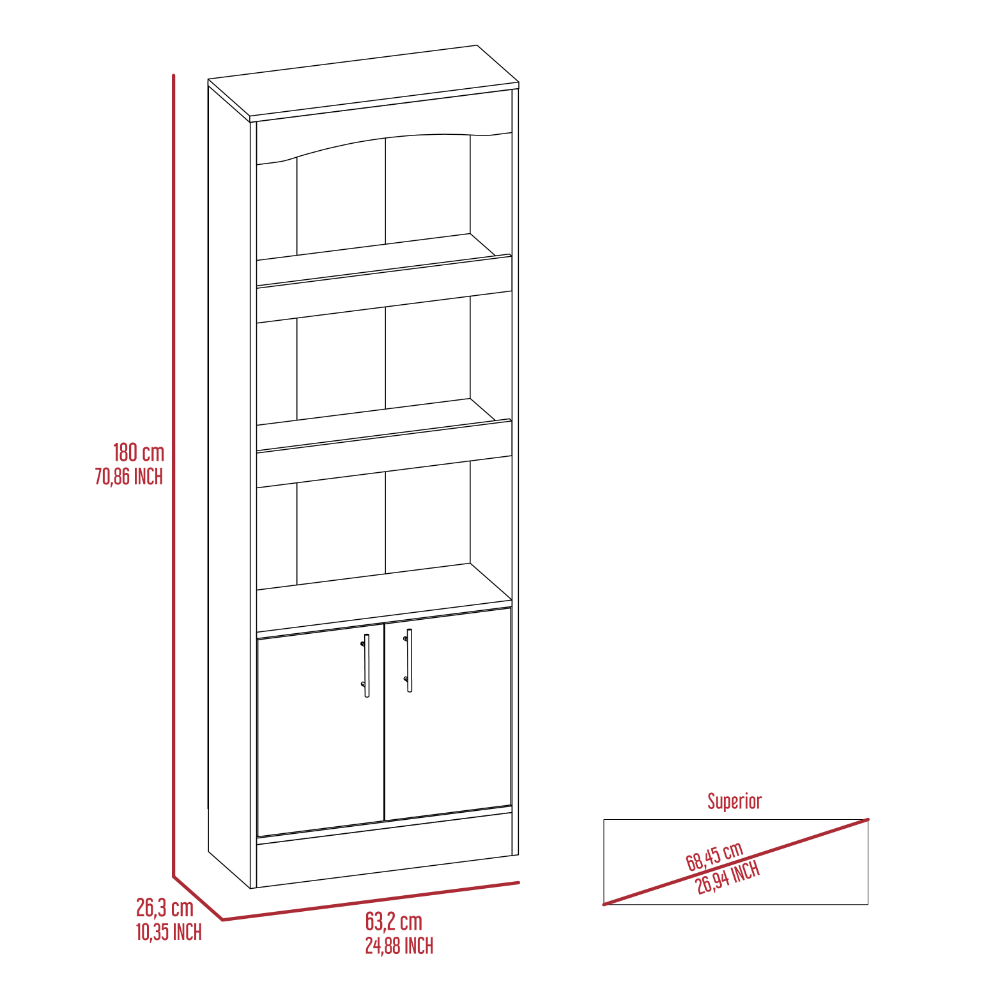 Tall white bookcase with three open shelves and two cabinet doors