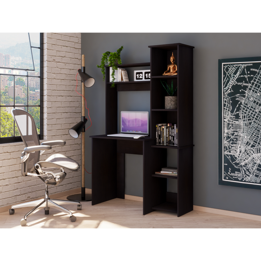 Dark brown computer desk with shelves and laptop for home office use